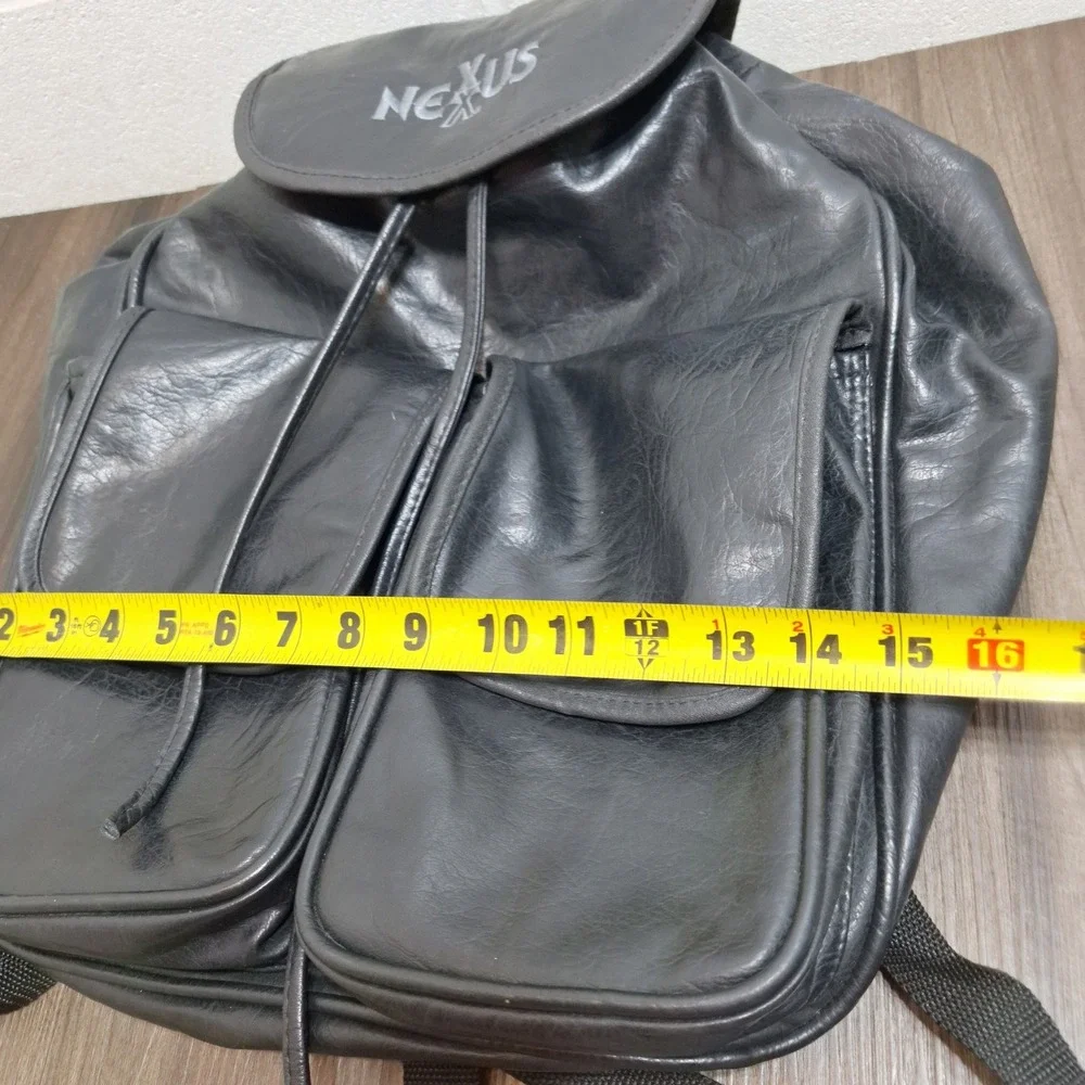 Nexus Backpack Black Faux Leather Vintage Drawstring Flap Pockets Large Size
